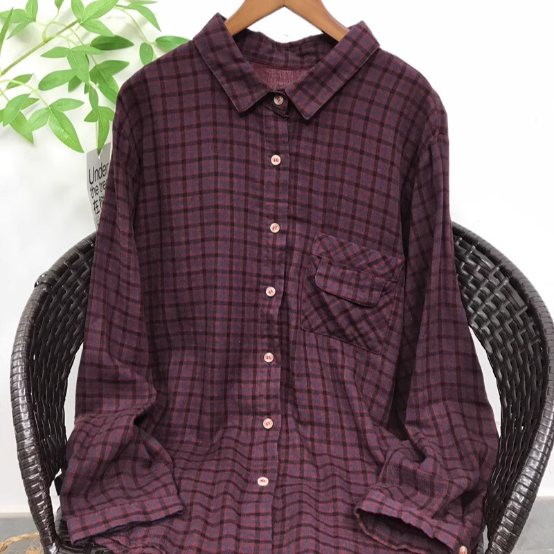 Cotton Double-layer Yarn Plaid Shirt Soft Comfortable Practical All-match Loose Casual Plaid Women's Shirt Top Autumn