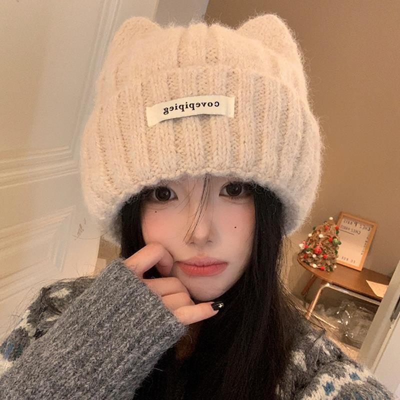可爱猫耳朵针织毛线帽女秋冬季韩版显脸小帽子加厚保暖护耳包头帽|undefined
