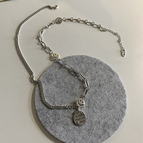 English letter tag retro Thai silver s925 sterling silver smiley face necklace female trendy internet celebrity ins cold style clavicle chain