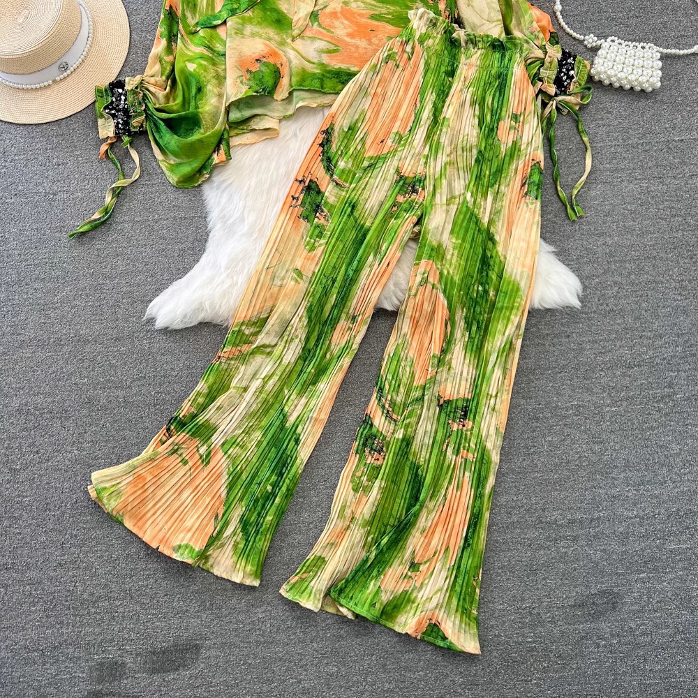 Women's Clothing Fashion Suit Female Celebrity Lantern Long Sleeve Bow Tie Loose Printed Shirt Two Piece Set High Waist Wide Leg Pants_voghion.com