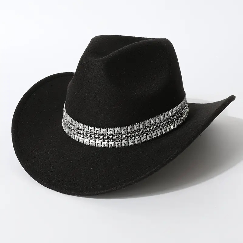 Europa y los Estados Unidos transfronterizos sólido felt sombrero de vaquero occidental hombre cuadrado cadena de diamante decoración sombrero de mujer sombrero de otoño invierno