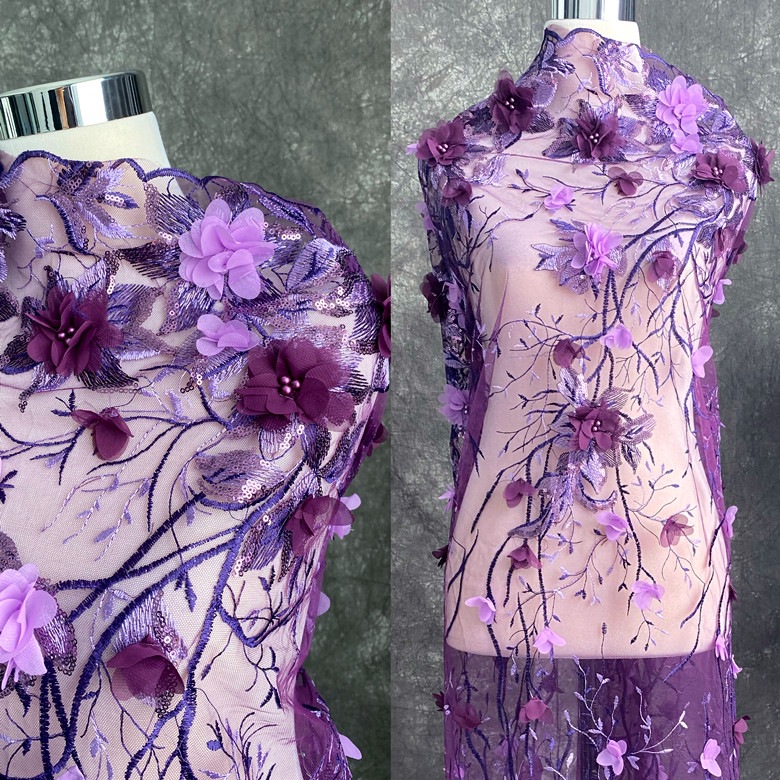 咖啡色手工钉珠亮片绣花布料高端礼服装立体雪纺花朵背景布面料