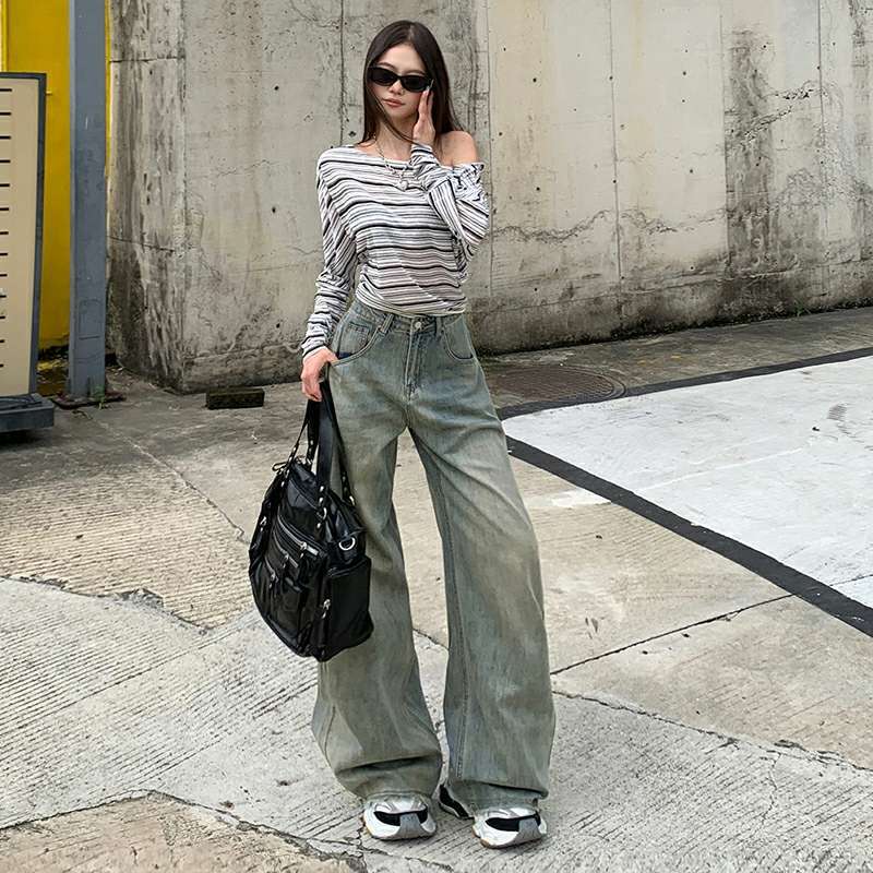 Wholesale Vintage Tone Melard Washed Mud Yellow Denim Jeans Straight Casual Cropped Pants Extended Length