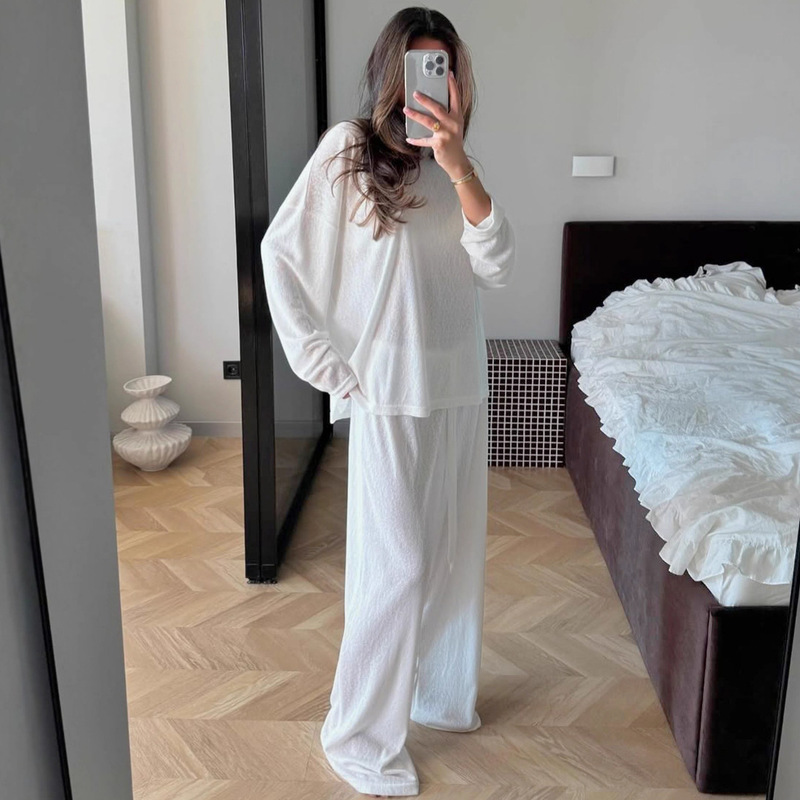 米色针织宽松长袖长裤可外穿睡衣两件套2025欧美秋季新款家居服女|undefined