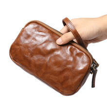 外贸代发款真皮男士手拿包复古手抓纹零钱包头层牛皮大容量手机包