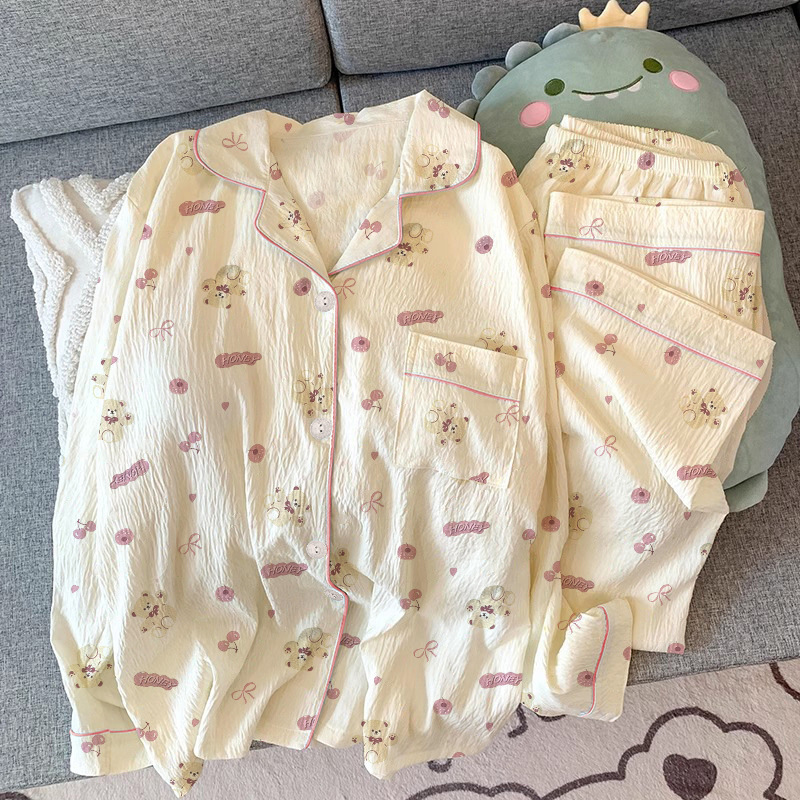 蝶結びのさくらんぼのプリントの女性のパジャマの春と秋の新型のカーディガンの長袖のズボンの部屋の服のスーツは実際に卸売りをたたきます。|undefined