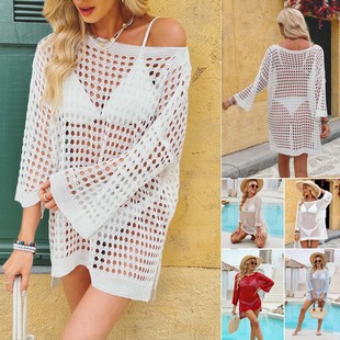 Russia, Europe and the United States Hot-Selling Sexy Cut Out Shirt for Women, Three-Quarter Sleeve Cut Out Blouse, Beach Vacation Style Bikini Outer Wear