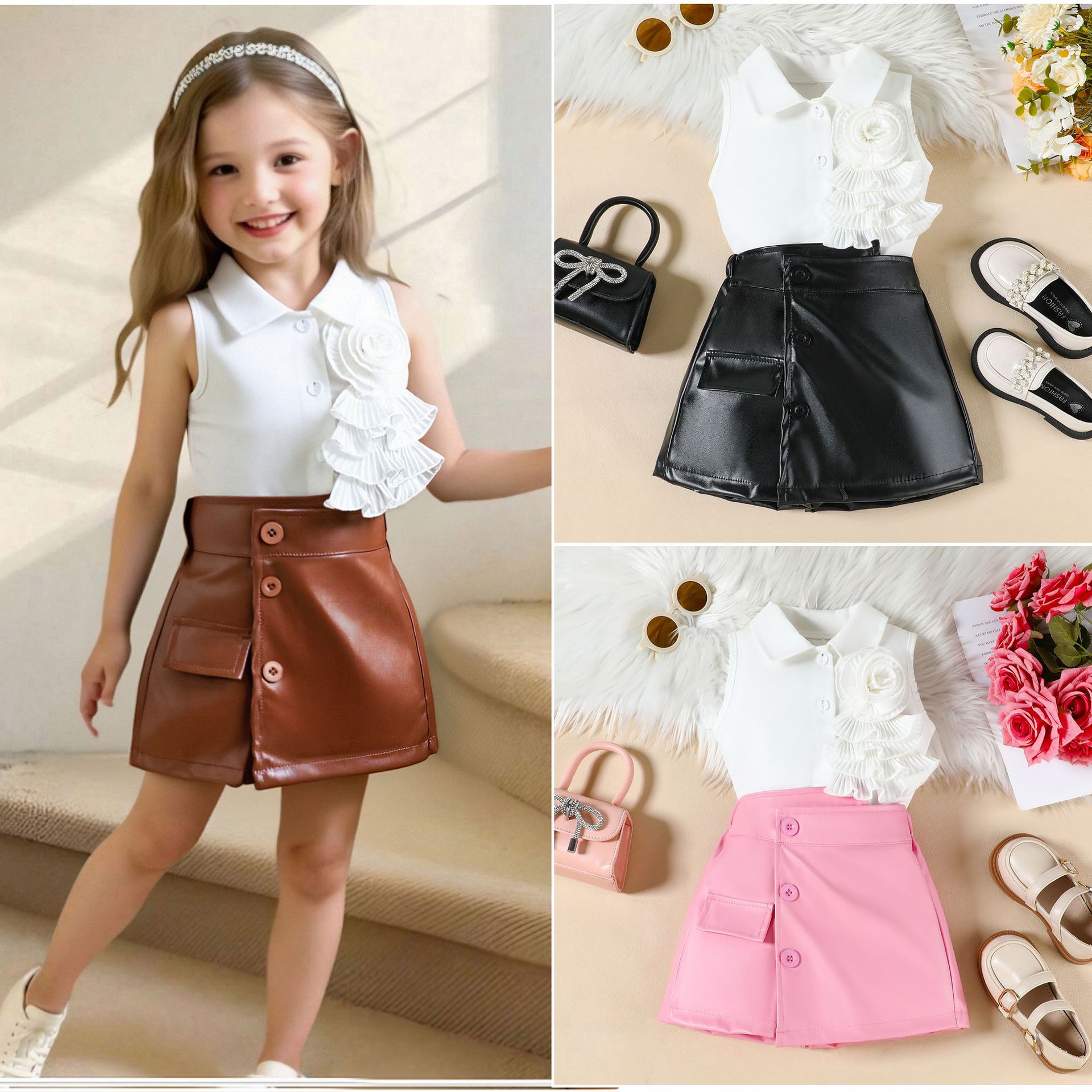 Cross-Border Girls Summer New Style Lapel Sleeveless Stereo Large Flower Decorative Top Pu Leather Culottes Two-Piece Suit