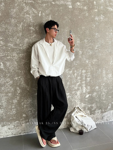 White set, shirt, trousers, V-neckline, men's style