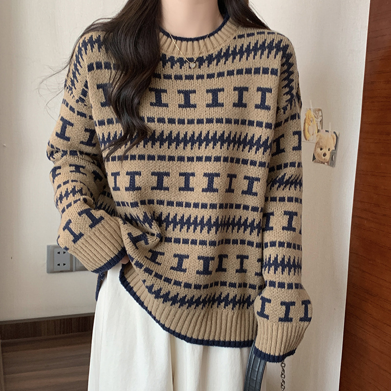 韩版设计感小众慵懒风宽松毛衣女秋冬外穿复古针织衫一件代发外贸