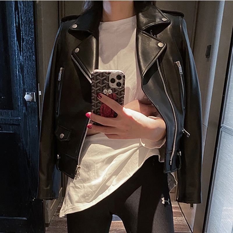 2025 Spring & Fall New Haining Imported Goatskin Jacket Genuine Leather Jacket Women's Motorcycle Short Style Slimming Look