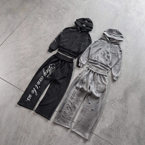 Autumn and winter new fashion suit Harajuku ins fashion broken hole zipper hooded hooded sweater casual retractable low-waist trousers