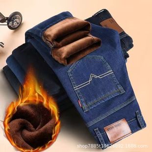 Cross-border jeans men's winter fleece-lined thickened New loose straight casual men's Denim pants winter wholesale