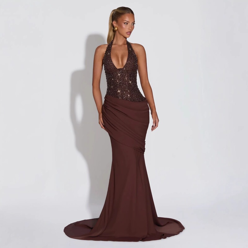 Cross-border Amazon European and American style spliced shiny halter neck party evening dress sexy hot girl long dress for women Cross-border Amazon European and American style spliced shiny halter neck party evening dress sexy hot girl long dress for women