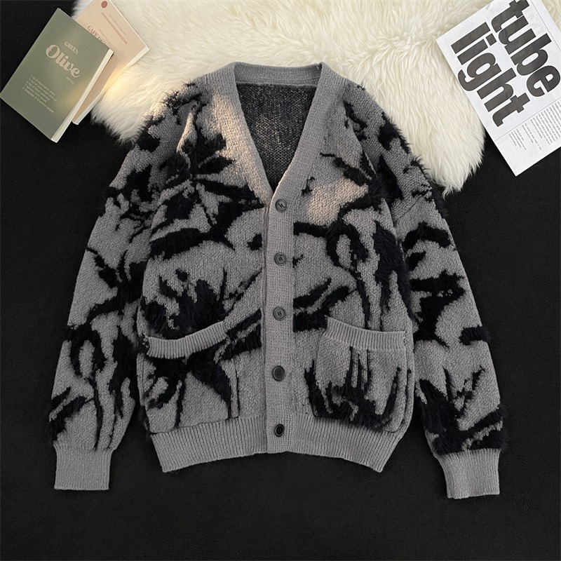 국경 간 틈새 모방 밍크 스웨터 재킷 남자 겨울 빈티지 느슨한 게으른 V-넥 니트 카디건