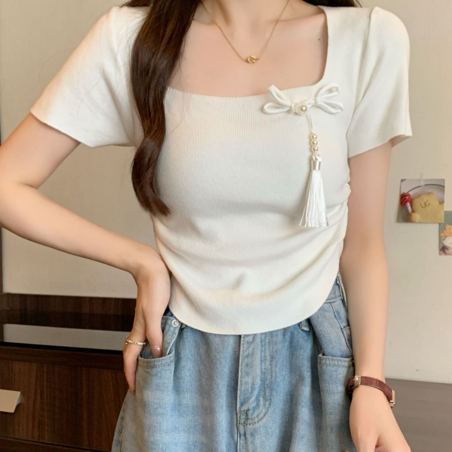 New summer design with straps, Chinese style irregular T-shirt, women's knitted slim fit short sleeved square neck top_voghion.com