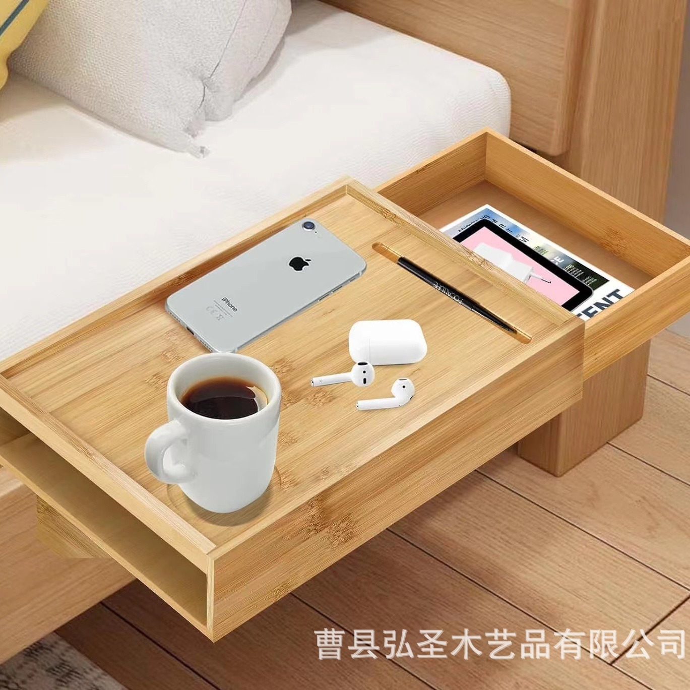 Nuevo marco de borde de cama de bambú Mesa de borde de cama con cajón Estante de almacenamiento de borde de cama de madera Clip de bambú Estante de bandeja