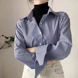 蓝色条纹衬衫女春秋2026蓝白竖条纹衬衣小众叠穿春季女装