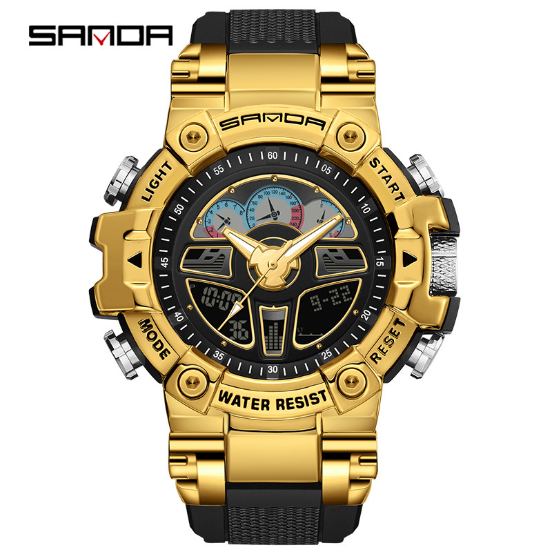 Sanda hasta mano luz reloj negro tecnología multi-funcional volante deportes volante reloj de alarma impermeable reloj masculino 3156