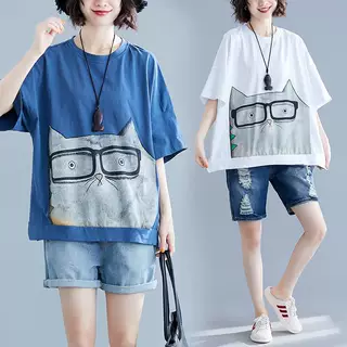 大码上衣胖mm夏装宽松圆领遮肚子显瘦短袖卡通印花打底衫T恤女装