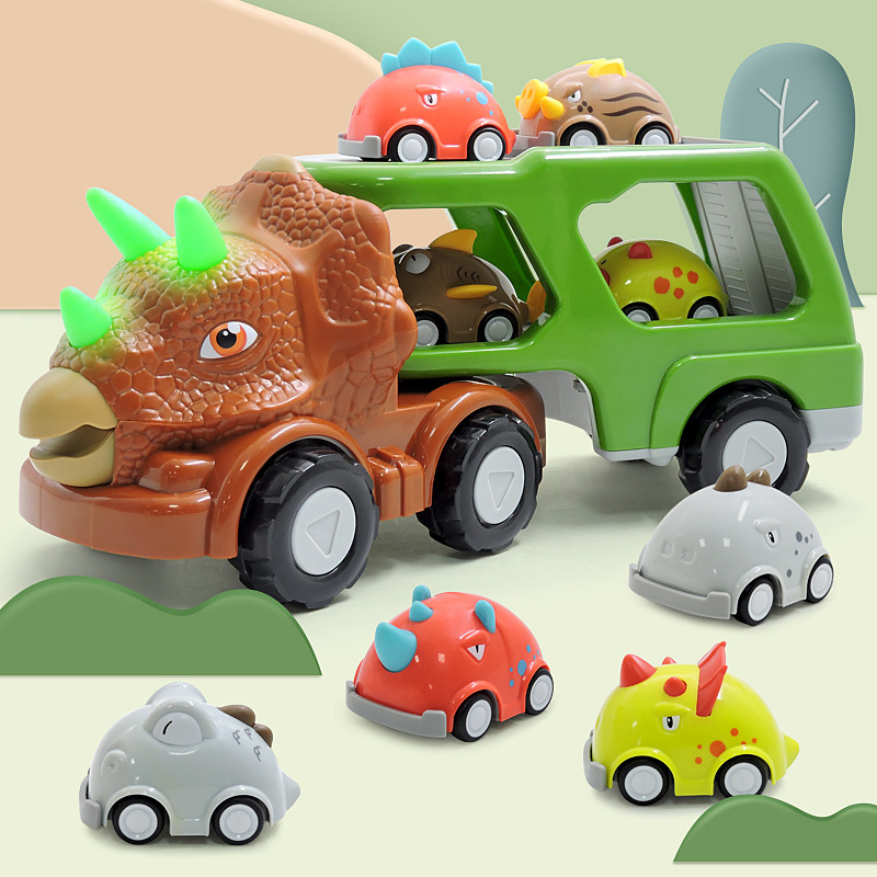 Cross-Border New Dinosaur trailer boy toy car electric light music Q cute Triceratops double-decker transporter