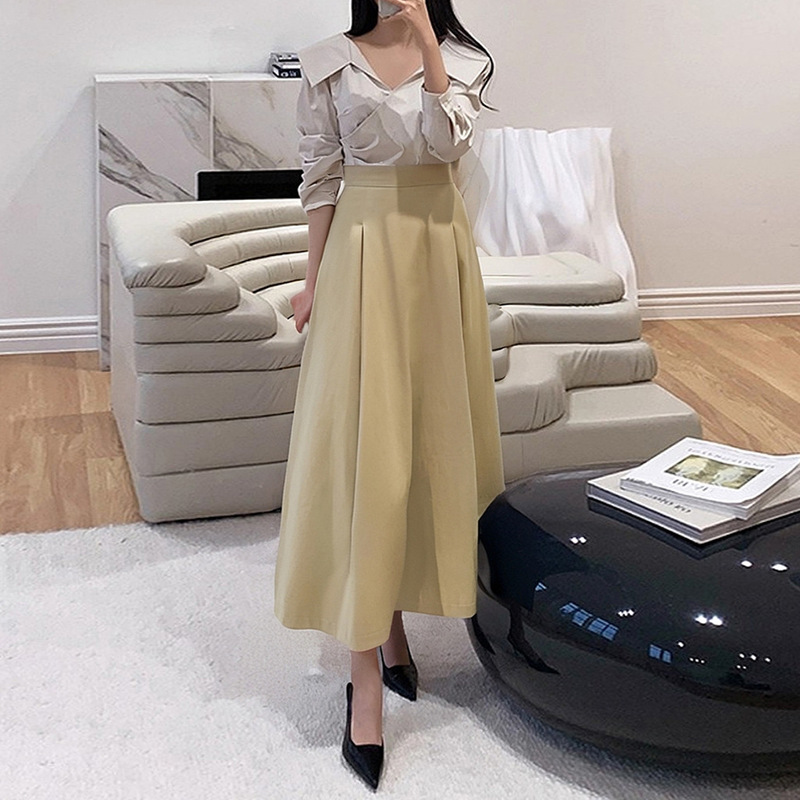 卡其色设计感西装a字裙2025春秋中长高腰伞裙显瘦小个子半身裙女|undefined