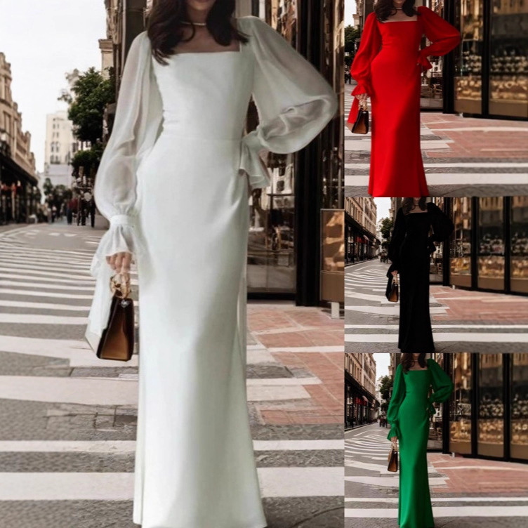 Cross-Border European and American Trade Long-Sleeve U-Neck Slim-Fit Mermaid Floor-Length Wedding Dress, Strapless Toast Dress, Outdoor Photoshoot Long Gown