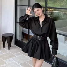女装法式新款气质两件早秋拼接百褶腰带长袖短裙衬衫连衣裙带腰带