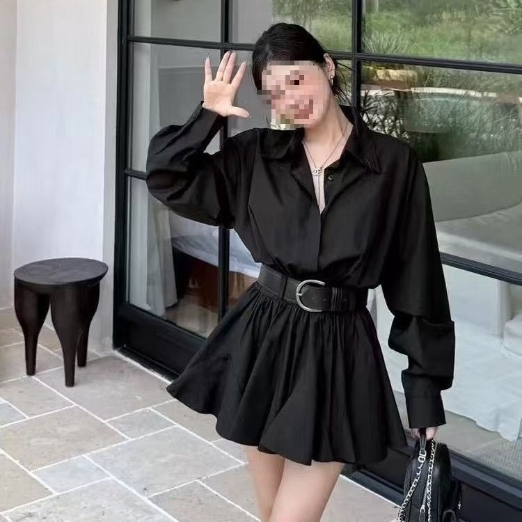 女装法式新款气质两件早秋拼接百褶腰带长袖短裙衬衫连衣裙带腰带