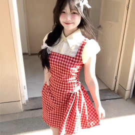 学院红色格子假两件连衣裙夏季新款小个子2025显瘦甜美短裙衬衫女