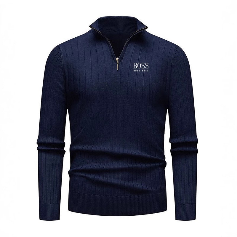 Embordado Amazon otoño y invierno hombre camiseta de punto medio cremallera de cuello europeo y americano de moda de color sólido suéter a rayas verticales