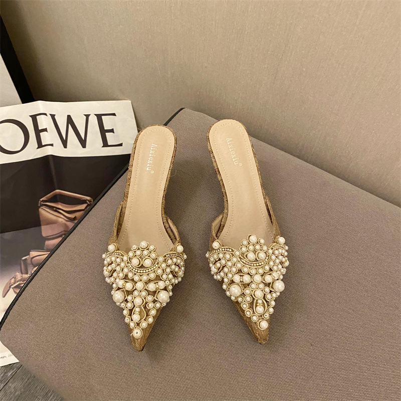 New Pointed Beaded Sandals And Slippers Stiletto Mid-heel Muller Shoes display picture 2