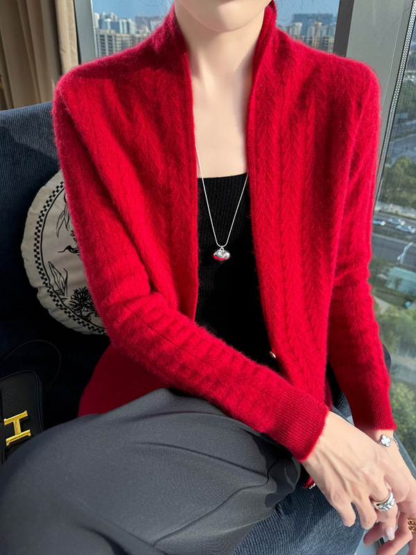 新款秋冬围巾领修身100羊毛开衫女V领上衣针织衫毛衣羊绒时尚外搭|undefined