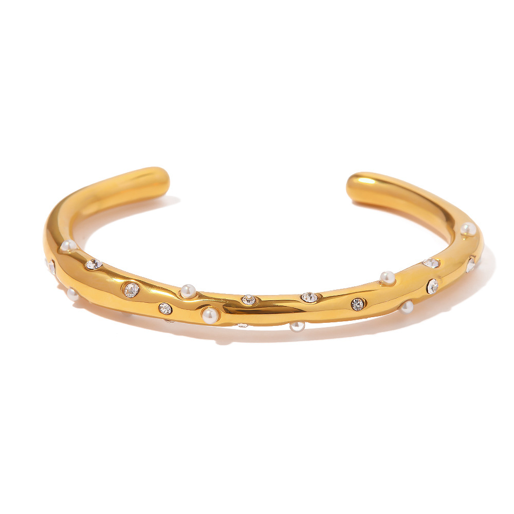 INS moda nuevo todo partido pulsera de acero de titanio 18K chapado en oro perla circón Cruz incrustaciones pulsera de las mujeres