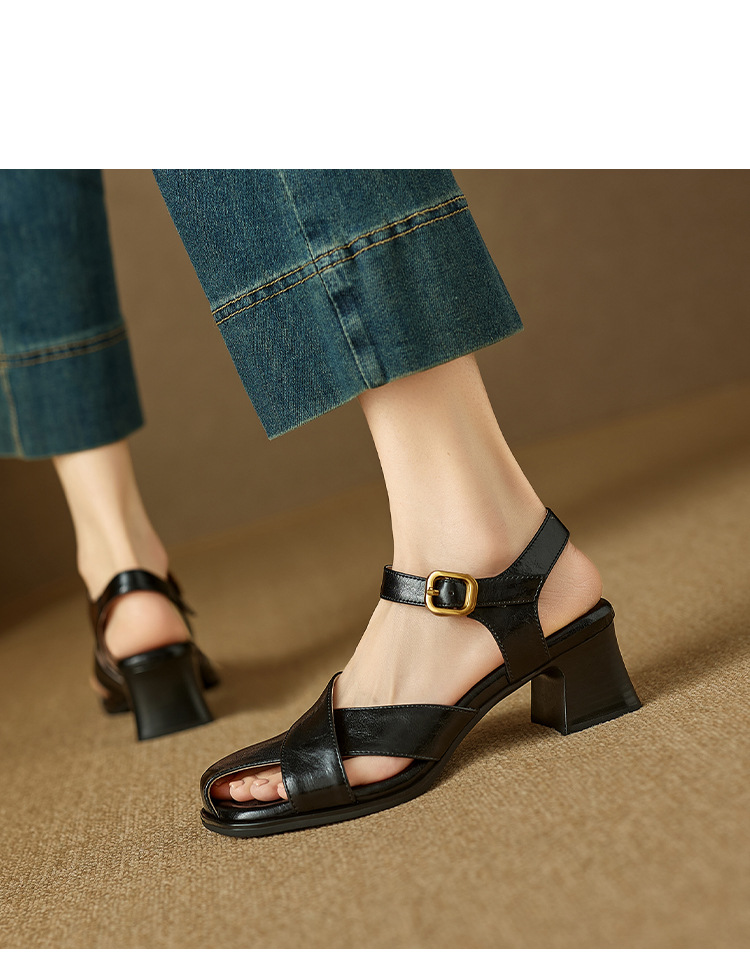 Sandal nữ da bò kiểu Pháp đế mềm thấp gót đi làm mùa hè — đen chi tiết 10