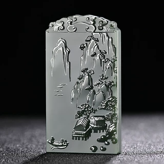 和田青玉吊坠牌子 青海料塔青细料山水牌老虎龙牌 双面雕刻电脑牌