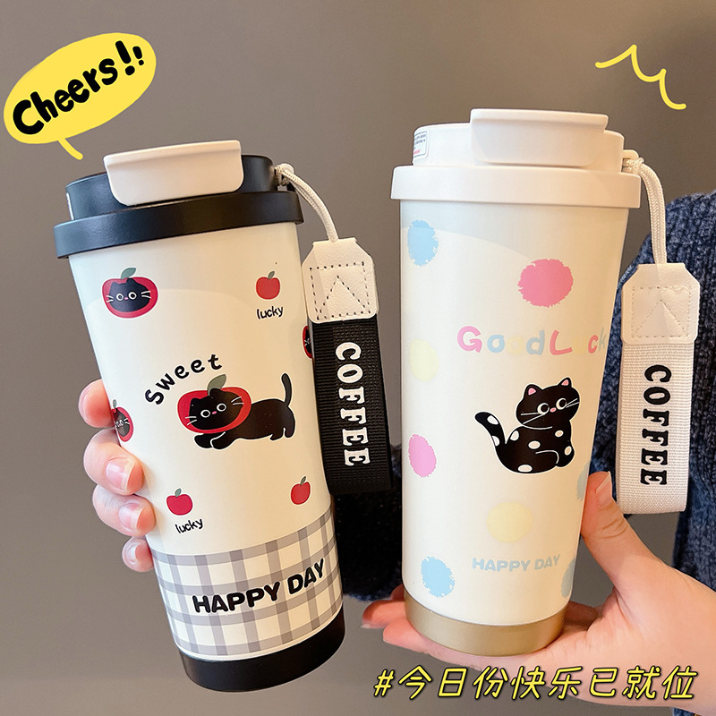 New 316 stainless steel ceramic liner coffee cup portable double drinking straw insulation cup kettle gift wholesale