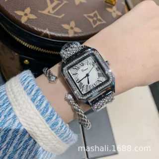 Dinimi蒂米妮方形钢带手链款手表镶钻数字女士学生石英手表77022