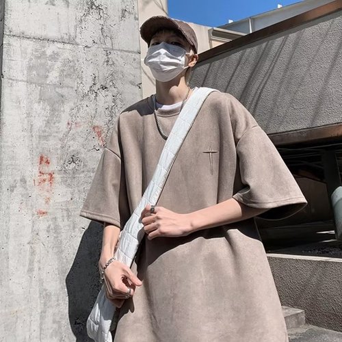 Deer hide velvet American retro short-sleeve t-shirt for men, summer heavy-duty loose half-sleeve street fashion five-point sleeve t-shirt