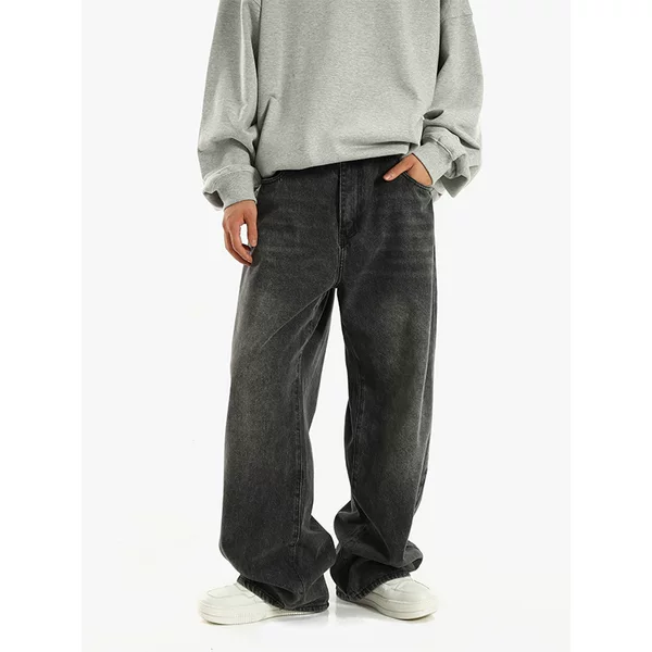American Style Wide Leg Black Grey Jeans Men's Loose Retro Casual Pants High Street Fashion Brand Vibe Style Dipped Straight Pants