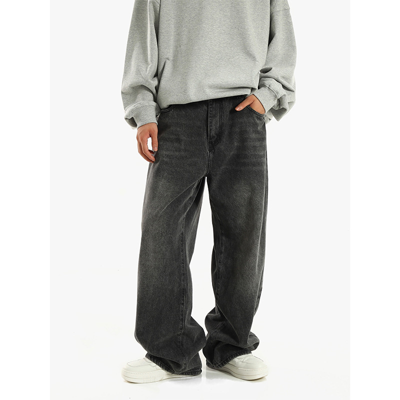 American Style Wide Leg Black Grey Jeans Men's Loose Retro Casual Pants High Street Fashion Brand Vibe Style Dipped Straight Pants