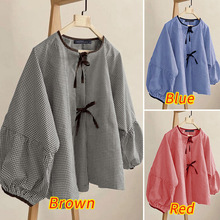 跨境女式复古摩登黑白格子蓬松长袖宽松衬衫宽松版时尚气质代发