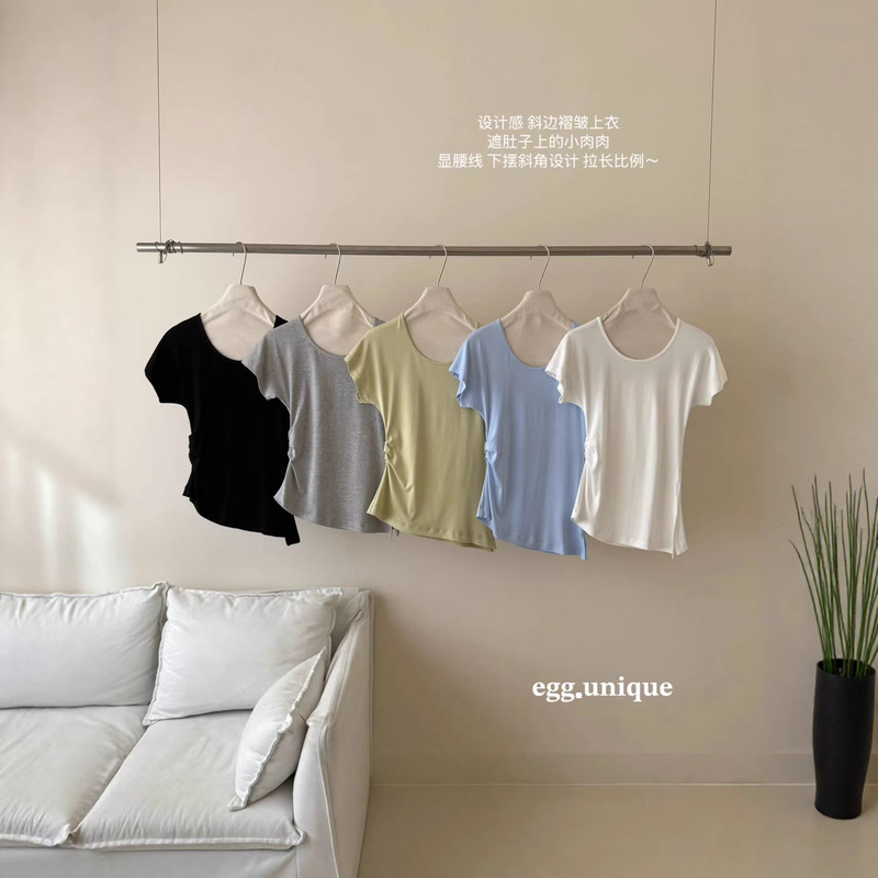 Egg.Unique Hidden Detail Side Pleated Slit T-Shirt with Stretch, Solid Color, Slim Fit, Women's Summer Short-Sleeve Top Egg.Unique Hidden Detail Side Pleated Slit T-Shirt with Stretch, Solid Color, Slim Fit, Women's Summer Short-Sleeve Top