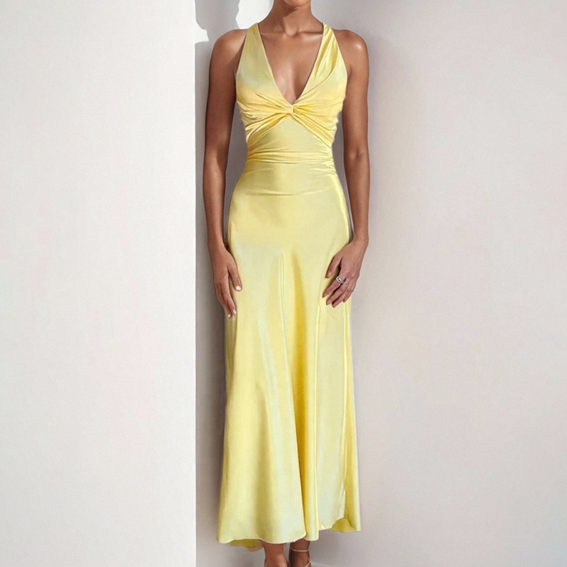 Transfronterizo 2025 primavera nueva ropa de mujer europea y americana temperamento satinado vestido de tirantes sexy halter halter