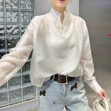 前后两穿微透薄款打底衬衫女时尚气质半高立领上衣腰果花长袖衬衣