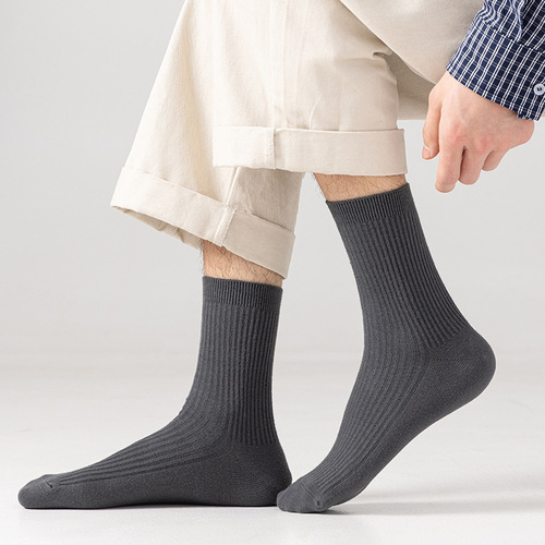 Double-needle pure cotton mid-calf socks, men's spring and autumn new solid color casual cotton socks, breathable Zhuji manufacturer wholesale