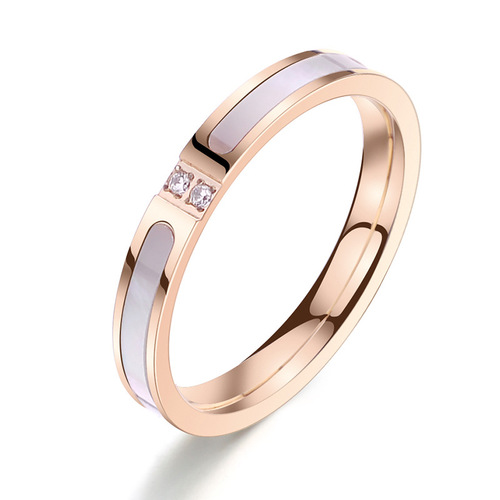 Korean style titanium steel micro-paved double diamond white mother-of-pearl ring for women 18k rose gold index finger, personalized, fashionable and versatile ring
