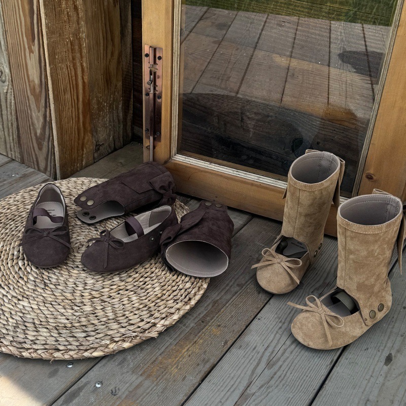 2026 Autumn New Style Girls' Trendy Detachable Bow Mid-Calf Boots Convertible Ballet Flats