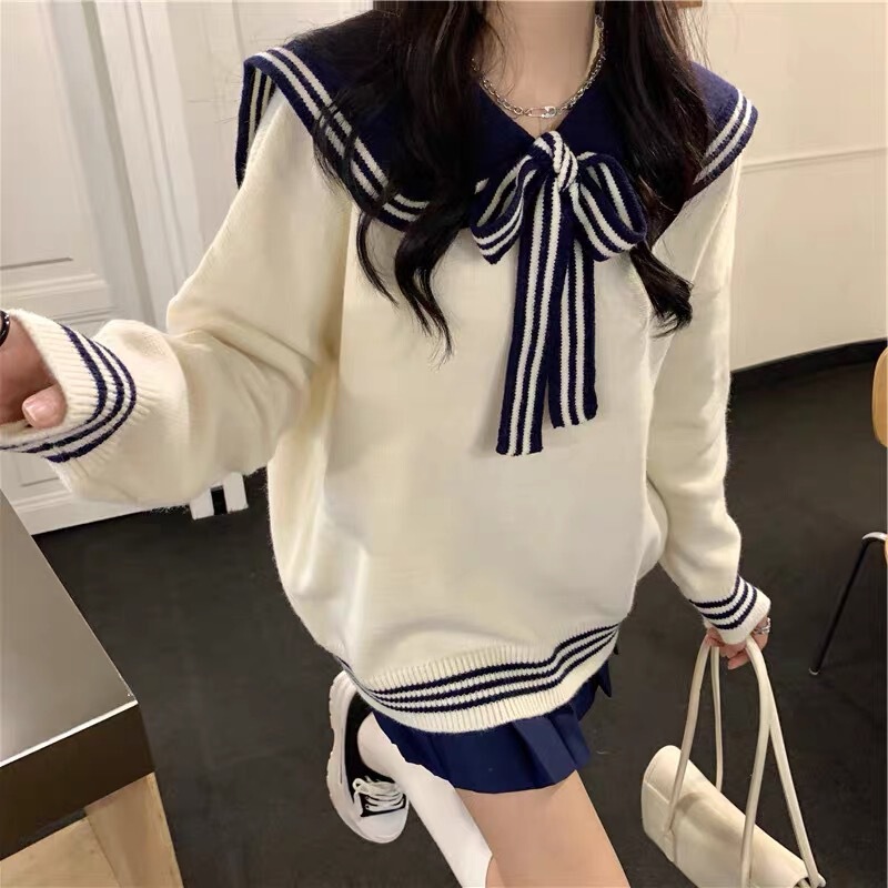 2025 New Autumn and Winter Japanese Style Loose Lazy Style Contrasting Color Sweet Navy Collar Sweater Pullover Long-Sleeved Top for Women