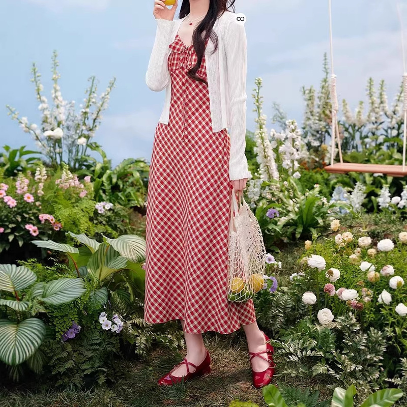 Celebrity-Inspired 26 Spring New Women's Plaid Suspender Dress with Ruffles and A-Line Design